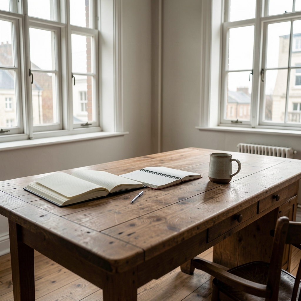Editorial workspace interior with a large wooden desk, open notebooks, a ceramic mug, and natural daylight from tall sash windows, documentary photograph