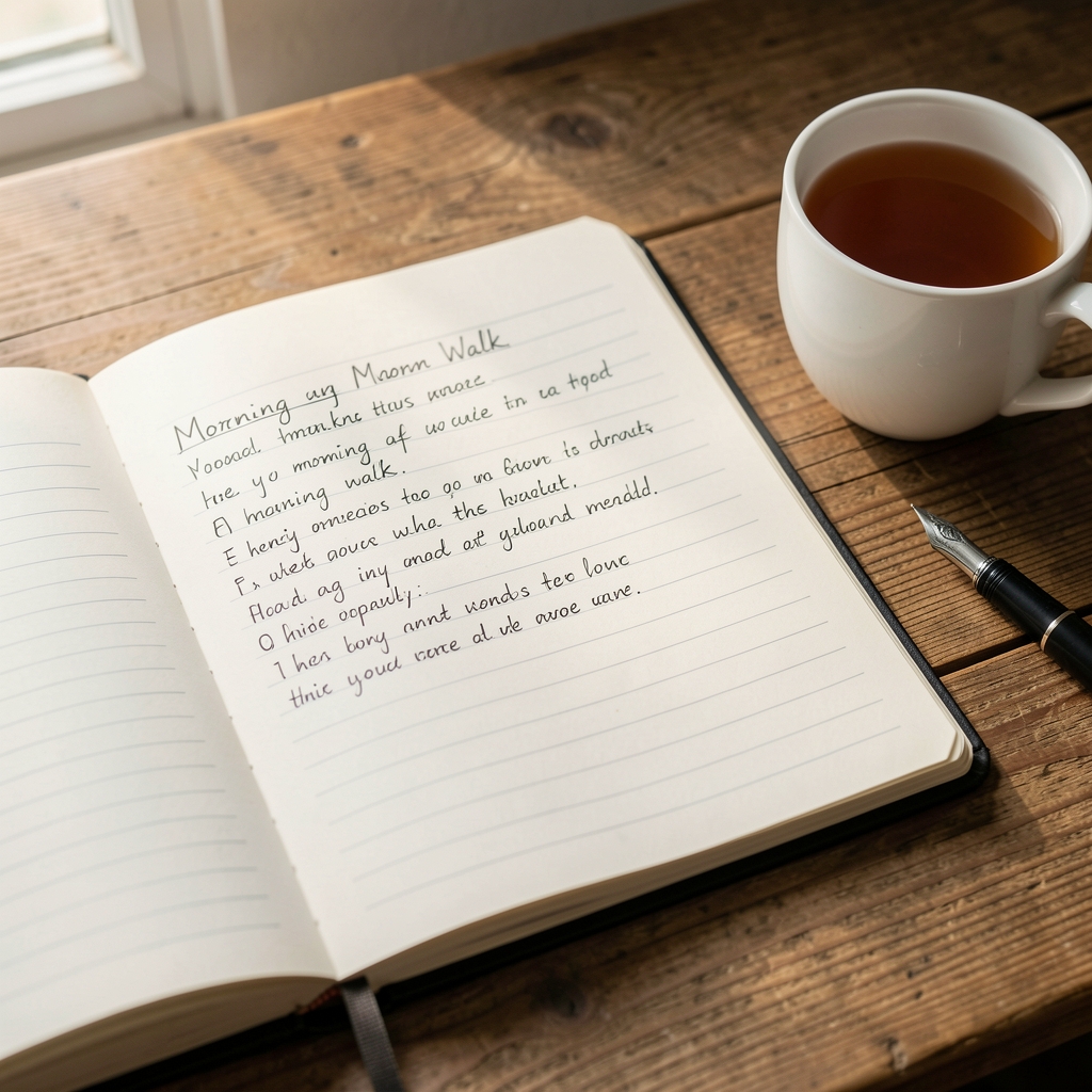 Minimalist editorial workspace with a notebook open to handwritten habit observations, warm desk lamp casting soft shadows