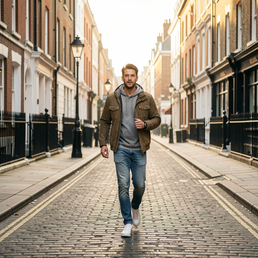 Person walking at a brisk pace along a quiet London street in early morning light, wearing casual clothing