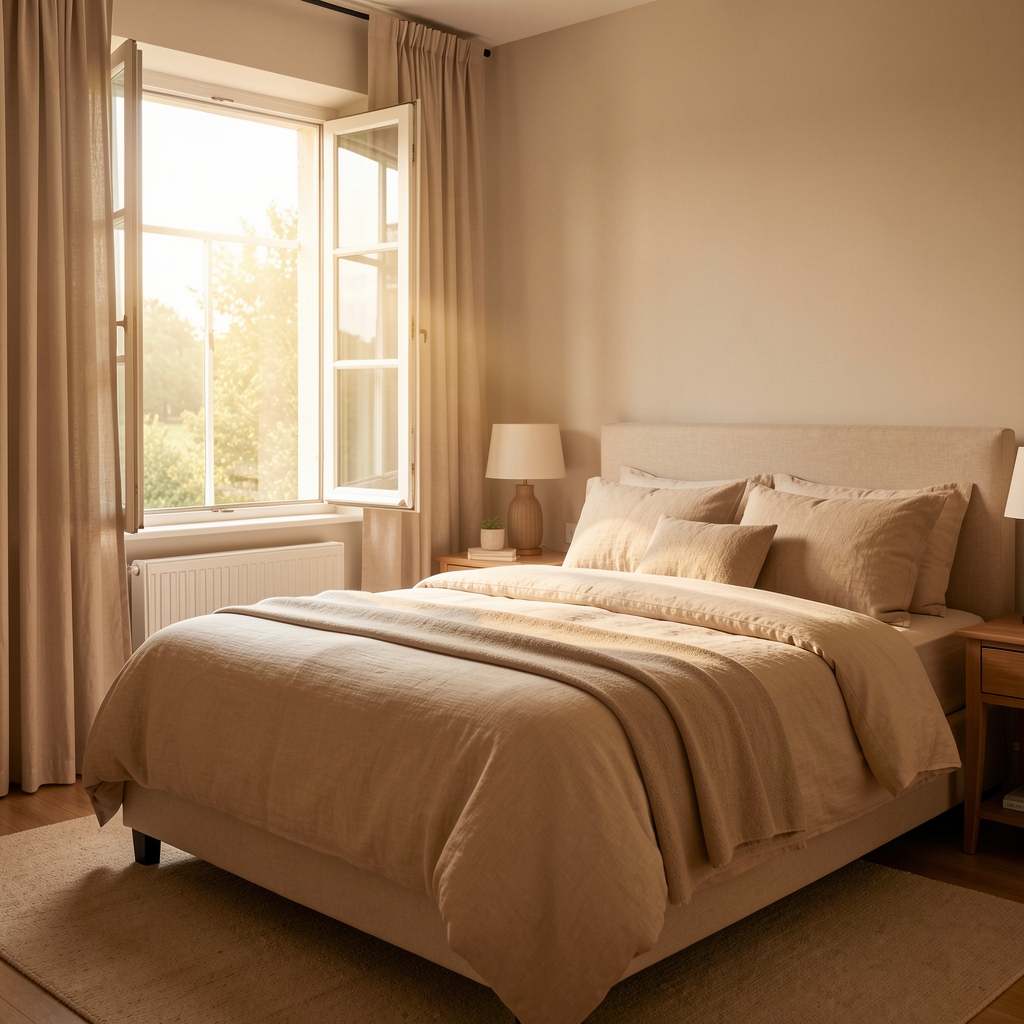 A neatly made bed in a calm bedroom with warm linen tones and a half-open window admitting morning light