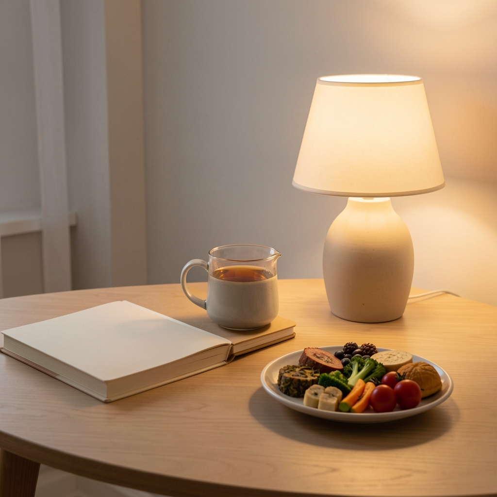Simple evening table setting with herbal tea, a journal, and a small plate of whole foods, warm lamplight, minimal editorial composition