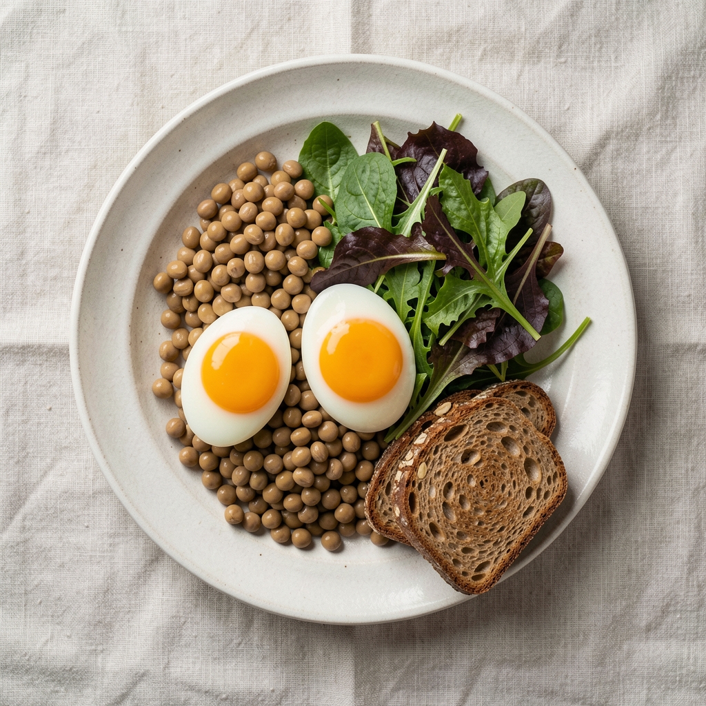 Overhead flat lay of a balanced plate with eggs, legumes, mixed greens and wholegrain toast on pale linen