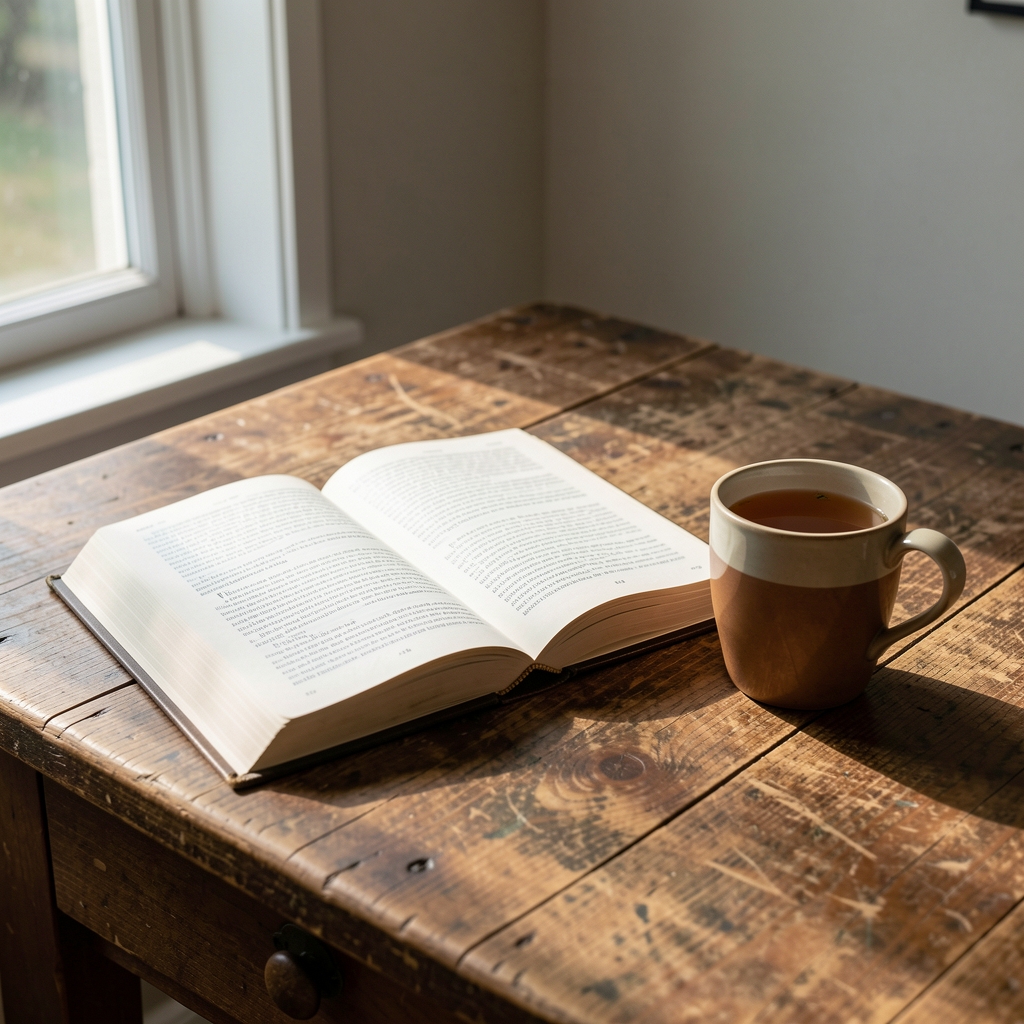 Open journal and cup of herbal tea on a worn wooden desk, natural morning light streaming through a window