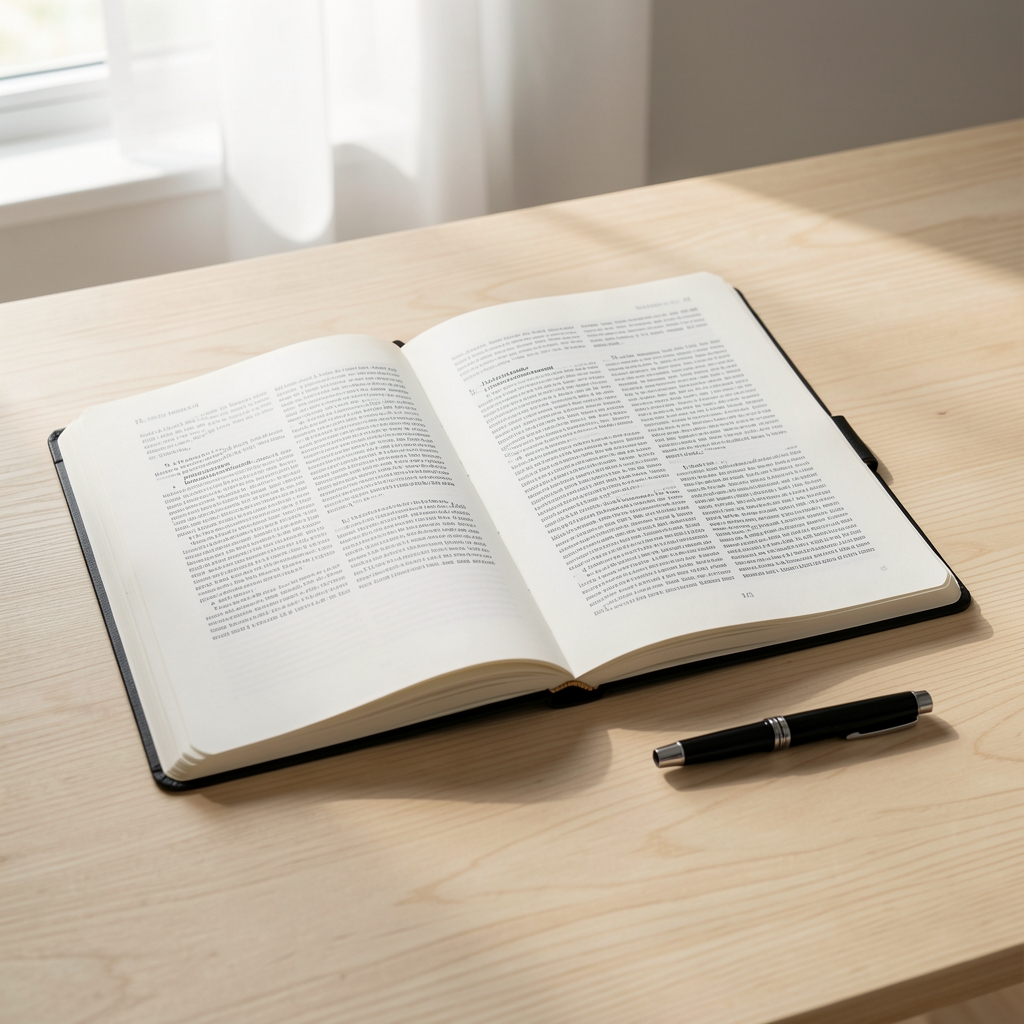 Open research notebooks, printed journal pages, and a pen laid on a pale wooden desk in natural light, editorial documentary composition